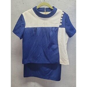 Vintage 50s‎ 60s Skirt Suit 2 Piece Navy Blue and White Sz S/M